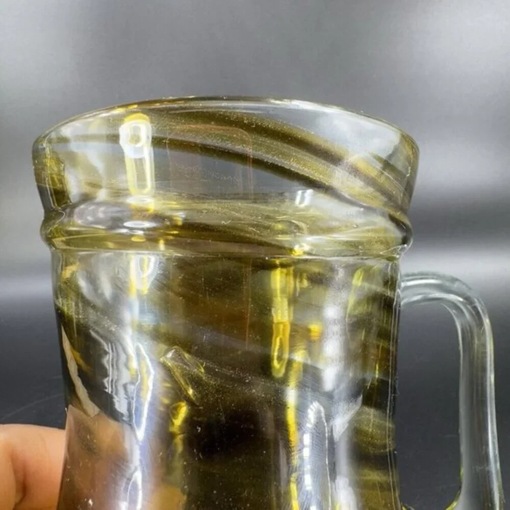 Hand Made Art Glass Mug Cup With‎ Applied Clear Handle Green Black Swirls Lines